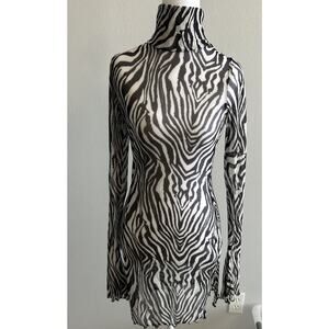 Swim Coverup Mini Dress Sheer Mesh Print Long Sleeves Zebra Animal Sexy Club S